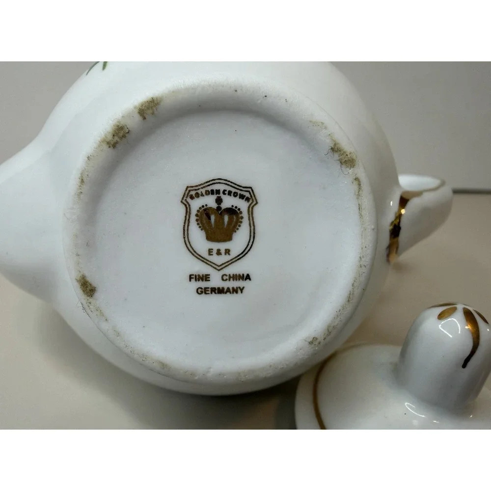 Teapot White  Floral December Mini Birthday Golden Crown E& R Germany  3 1/2